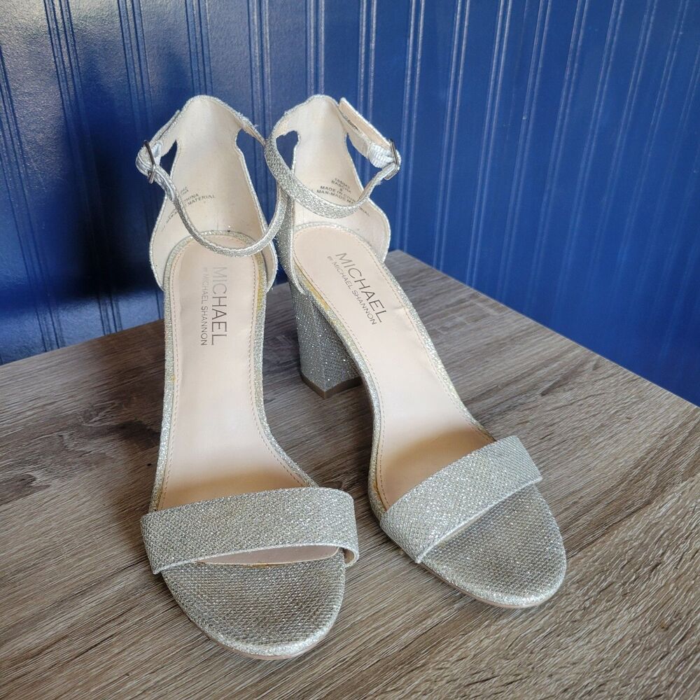 Michael Shannon Sascha Silver/Gold Glitter Block Heel Sandals Ankle Strap Size 8